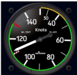 Cabri G2 airspeed indicator face from the RFM showing color-coded operating ranges. Green arc for normal operations, yellow arc for caution, red line at VNE. Specific values labeled per the Cabri certification basis.