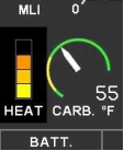 Cabri G2 carburetor heat / carb-ice indicator gauge from the RFM. Temperature-vs-humidity plot with shaded regions showing serious icing at glide power, moderate icing at cruise, and the safe operating zone — used by the pilot to decide when carb heat is required.