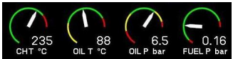 Cabri G2 powerplant instrumentation limitations table from the RFM. Each engine instrument is listed with normal operating range (green arc), caution range (yellow arc), and red-line limits — oil temperature, oil pressure, CHT, MAP, engine RPM, EGT.