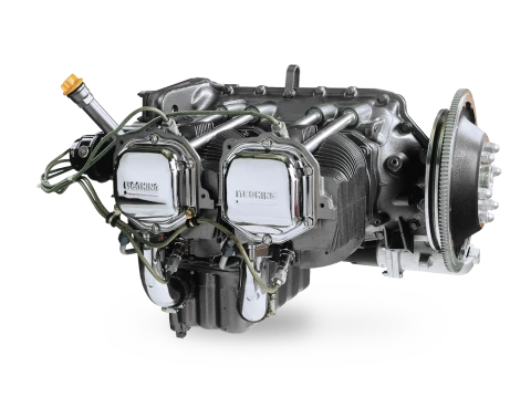 Lycoming O-360 J2A horizontally opposed four-cylinder piston engine — the powerplant used in the Guimbal Cabri G2. View shows accessory case, cylinders, induction system, and exhaust.